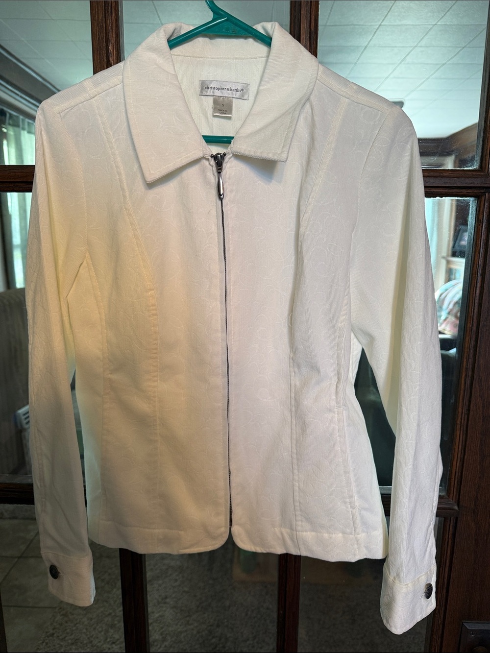 Christopher & Banks White Floral Corduroy‎ Zip Front Jacket Small Tailored Back